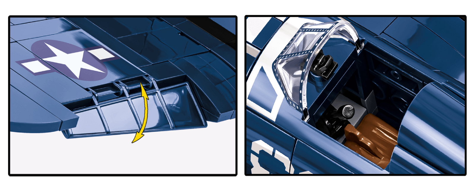 Close-up of the model's movable wing ailerons and cockpit interior.