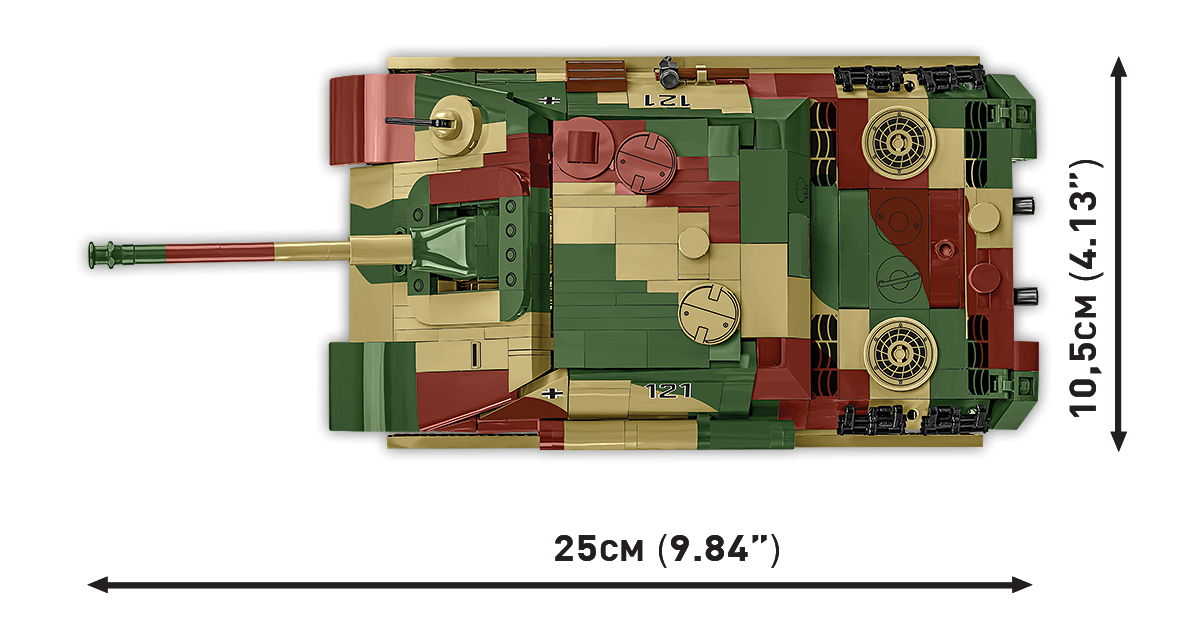 Top view of the Jagdpanther Sd.Kfz. 173 model with dimensions indicated.