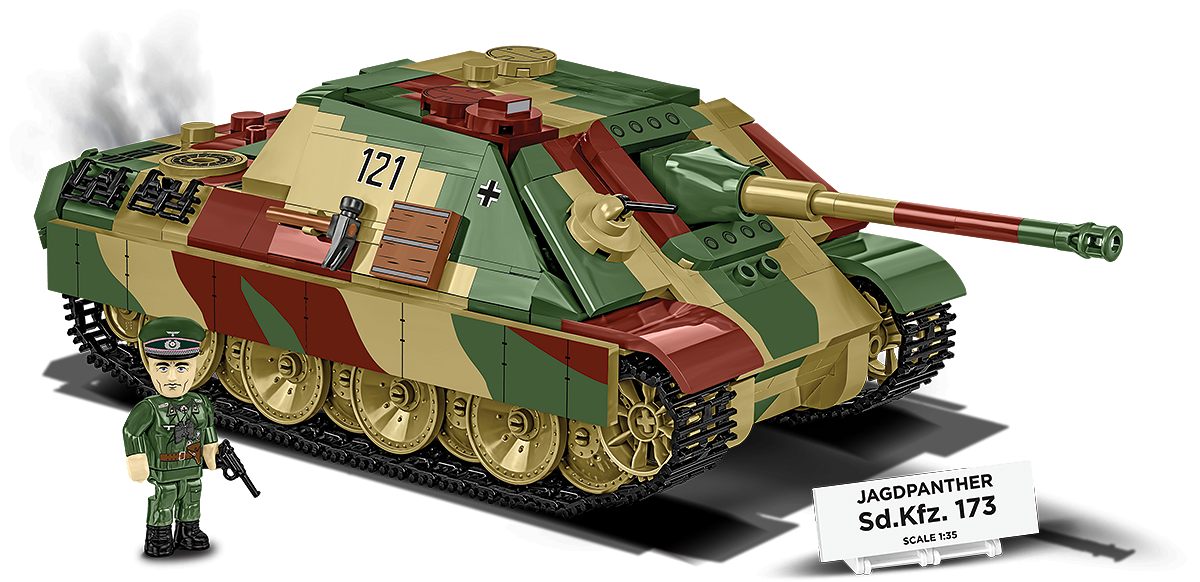 View of the complete set featuring the Jagdpanther Sd.Kfz. 173 model, a figure and a collector’s nameplate.
