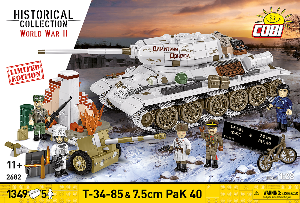 Front of the box featuring the T-34-85 tank model and the 7.5 cm PaK 40 anti-tank gun set.