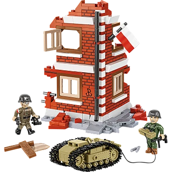Detailed COBI Building Blocks military set display alongside a COBI Building Blocks coupon guide on a wooden table