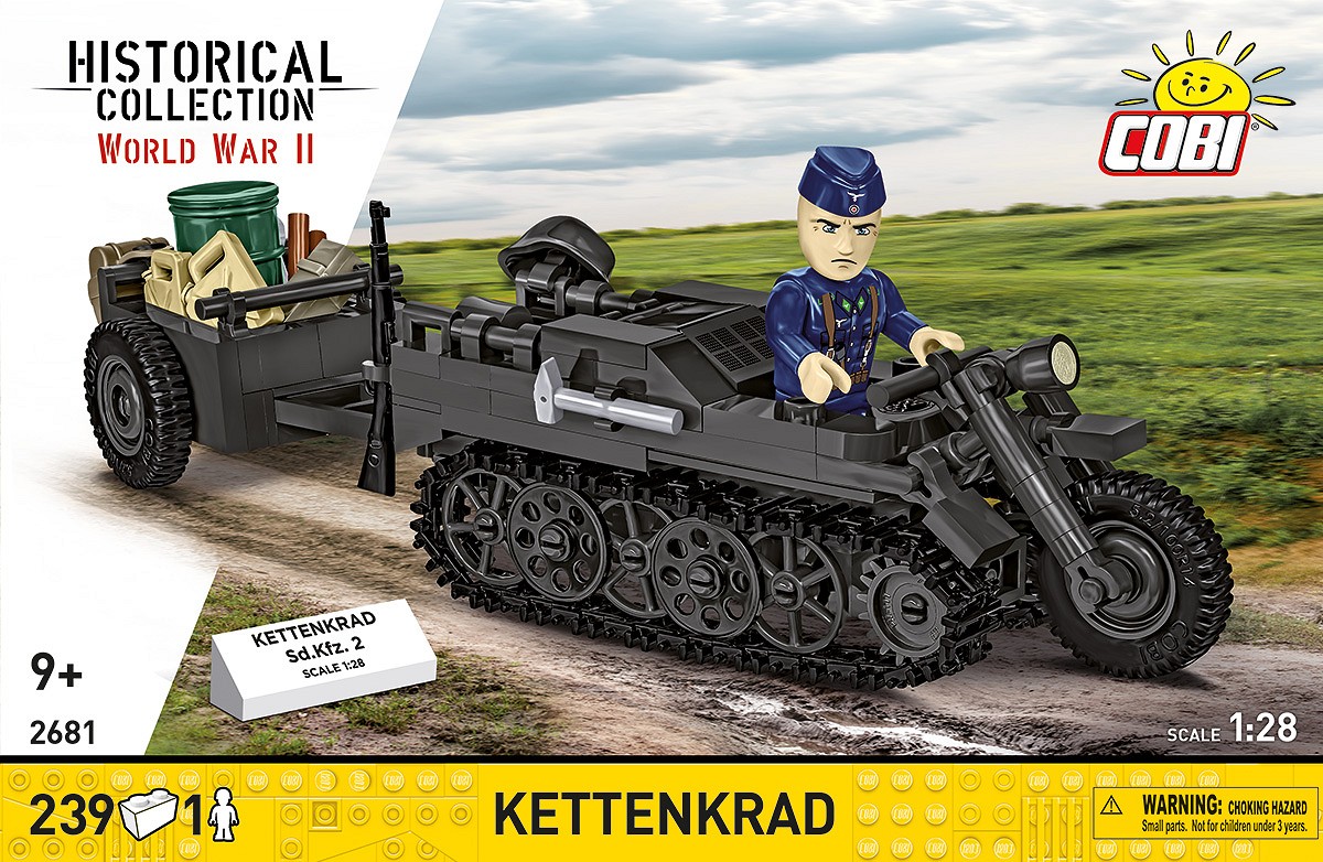 Front of the COBI Kettenkrad with Trailer building set box.