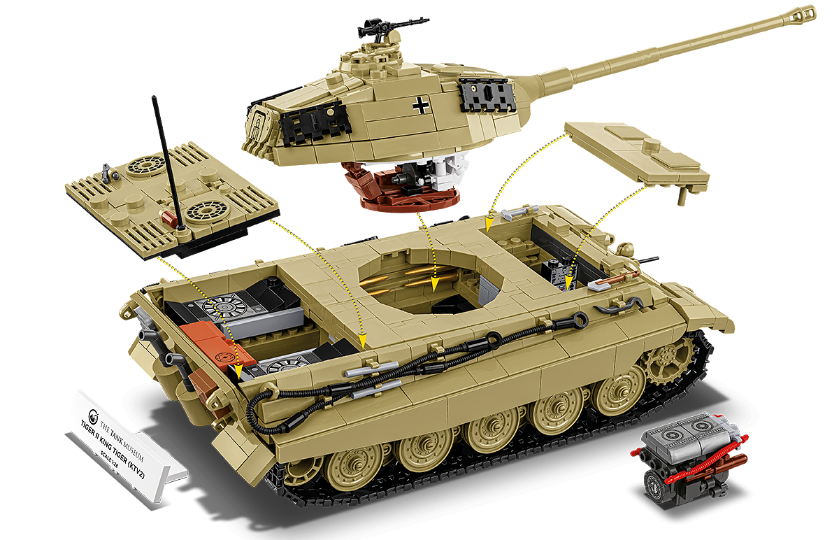 The TIGER II KING TIGER (KTV2) set with the information plaque, featuring a removable turret, detachable armor panels, and a removable engine.