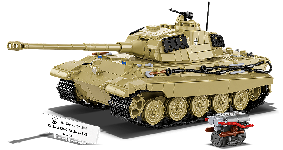 Complete TIGER II KING TIGER (KTV2) display set featuring the vehicle model, the removed engine, and the information plaque.