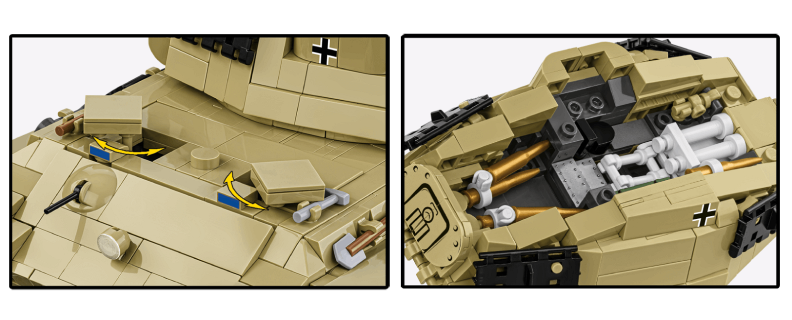Two close-up views of the TIGER II KING TIGER (KTV2) model showcasing the armor, open hatches, and the detailed turret interior.
