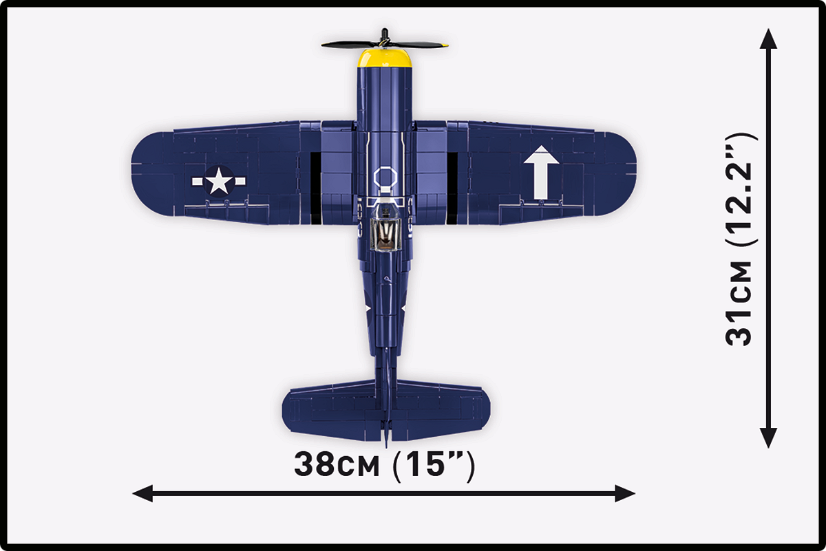 Top-down view of the VOUGHT F4U-1D CORSAIR model with dimensions indicated.