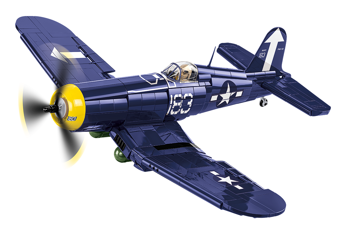 Vought F4U-1D Corsair fighter model with a rotating propeller and a pilot figure in the cockpit.